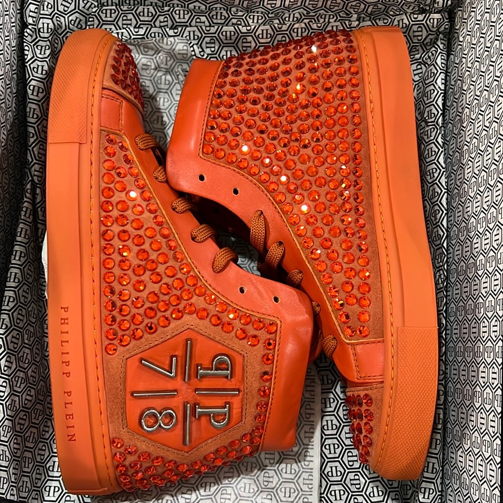 Philipp Plein “PP78” Orange Rhinestone Leather High Top Men’s Sneakers EU39